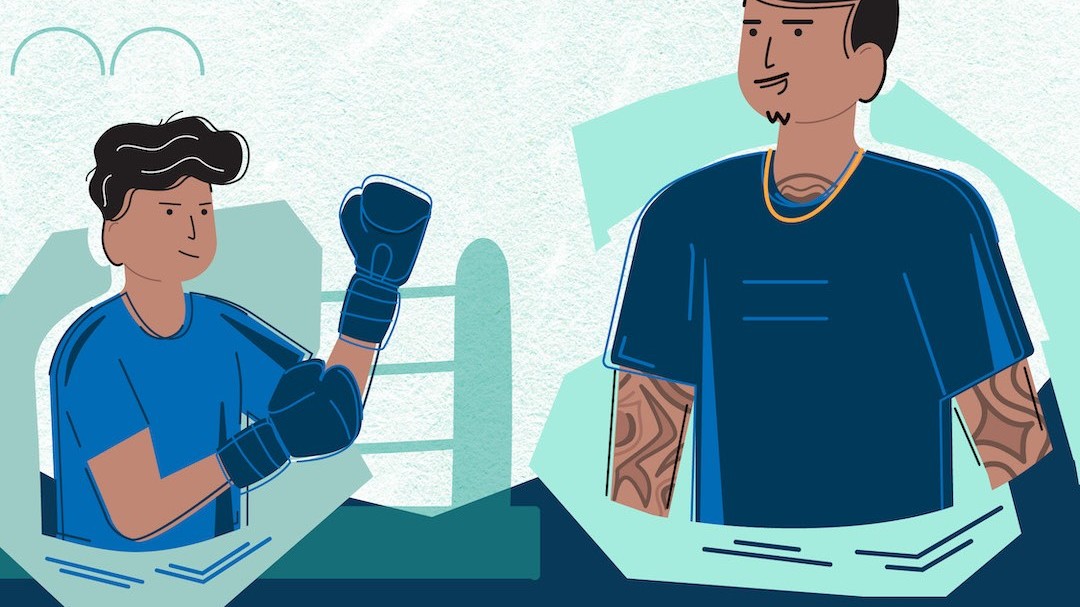 Animated graphic of Abel learning to box with mentor Estevan