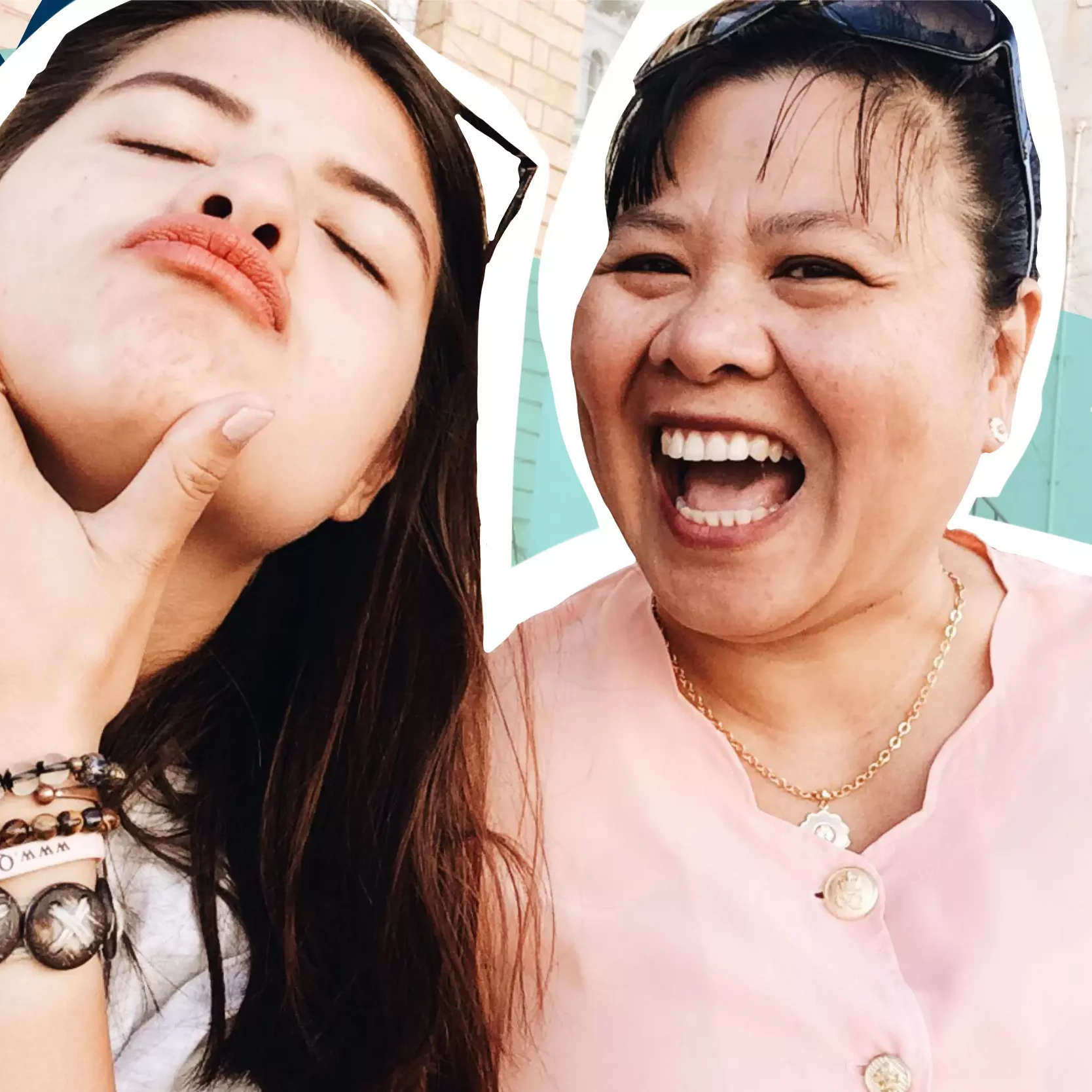 Mother and daughter take a selfie. Daughter boasts duck lips and mother grins with open mouth smile