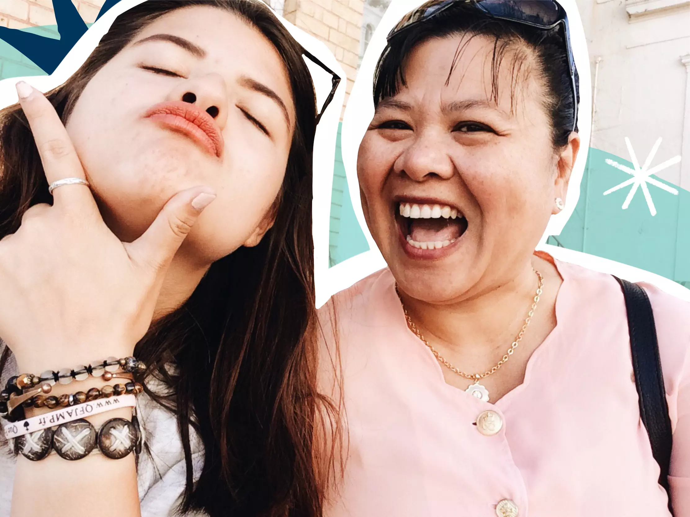 Mother and daughter take a selfie. Daughter boasts duck lips and mother grins with open mouth smile